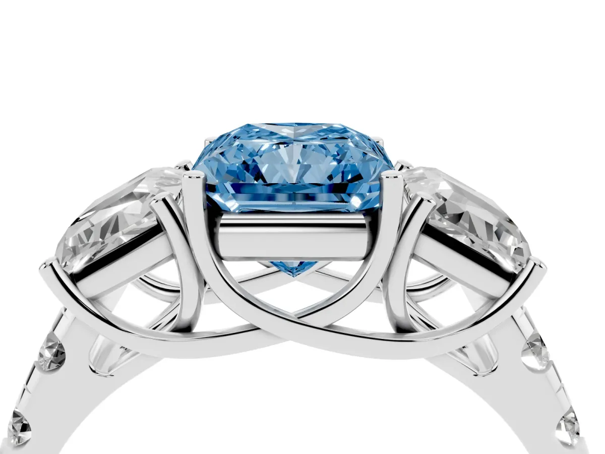 Fancy Blue Three-Stone Radiant Cut Diamond Pavé Band with Prong Setting Silver
