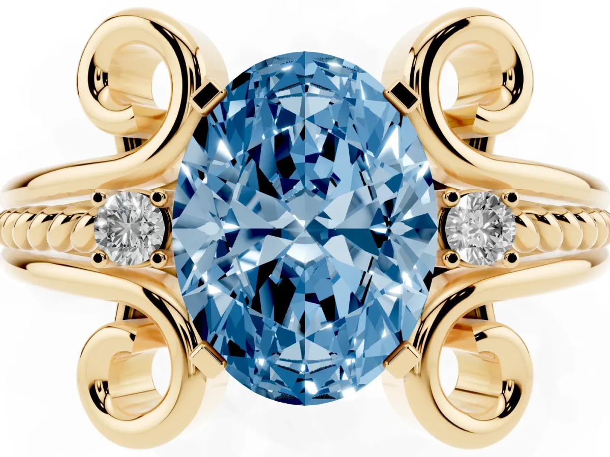 Fancy Blue Oval Cut Solitaire Twisted Band Scroll Prong Ring Yellow gold