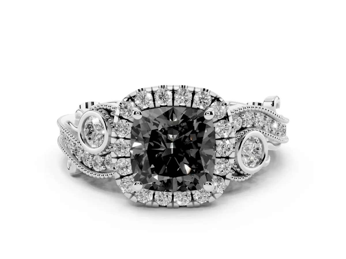 Fancy Black Cushion Cut Halo Diamond Ring with Milgrain and Bezel Accents on a Split Shank Band Platinum