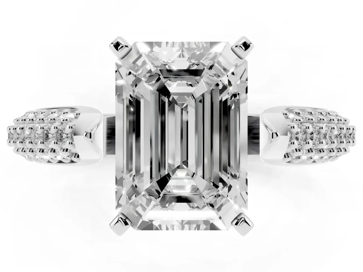 Emerald Cut Diamond Solitaire Engagement Ring with Multi-Row Round Pavé Band and Prong Setting Silver