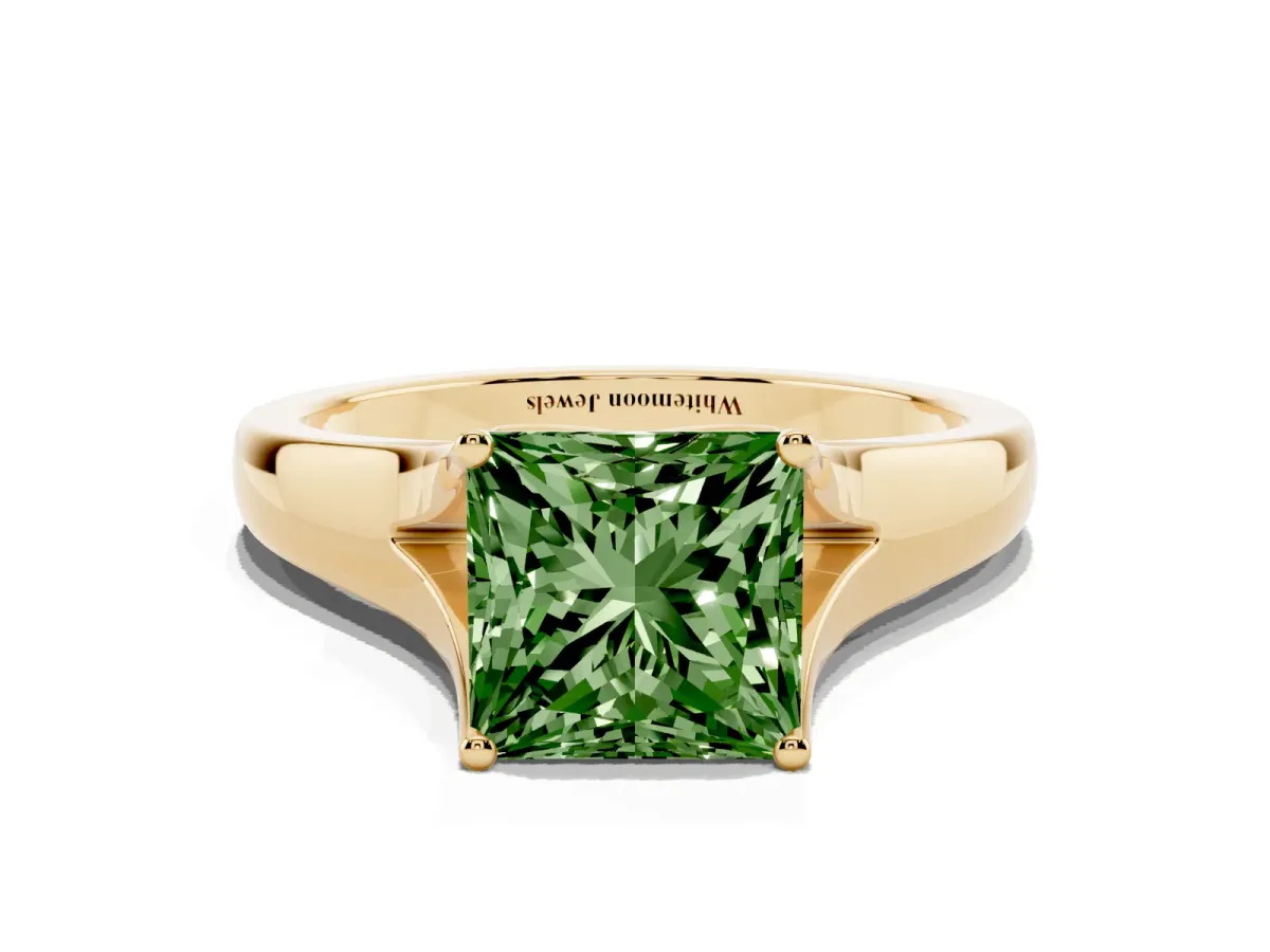 Fancy Green Princess Cut Solitaire Diamond Ring with Cathedral Band and Four-Prong Setting Yellow gold