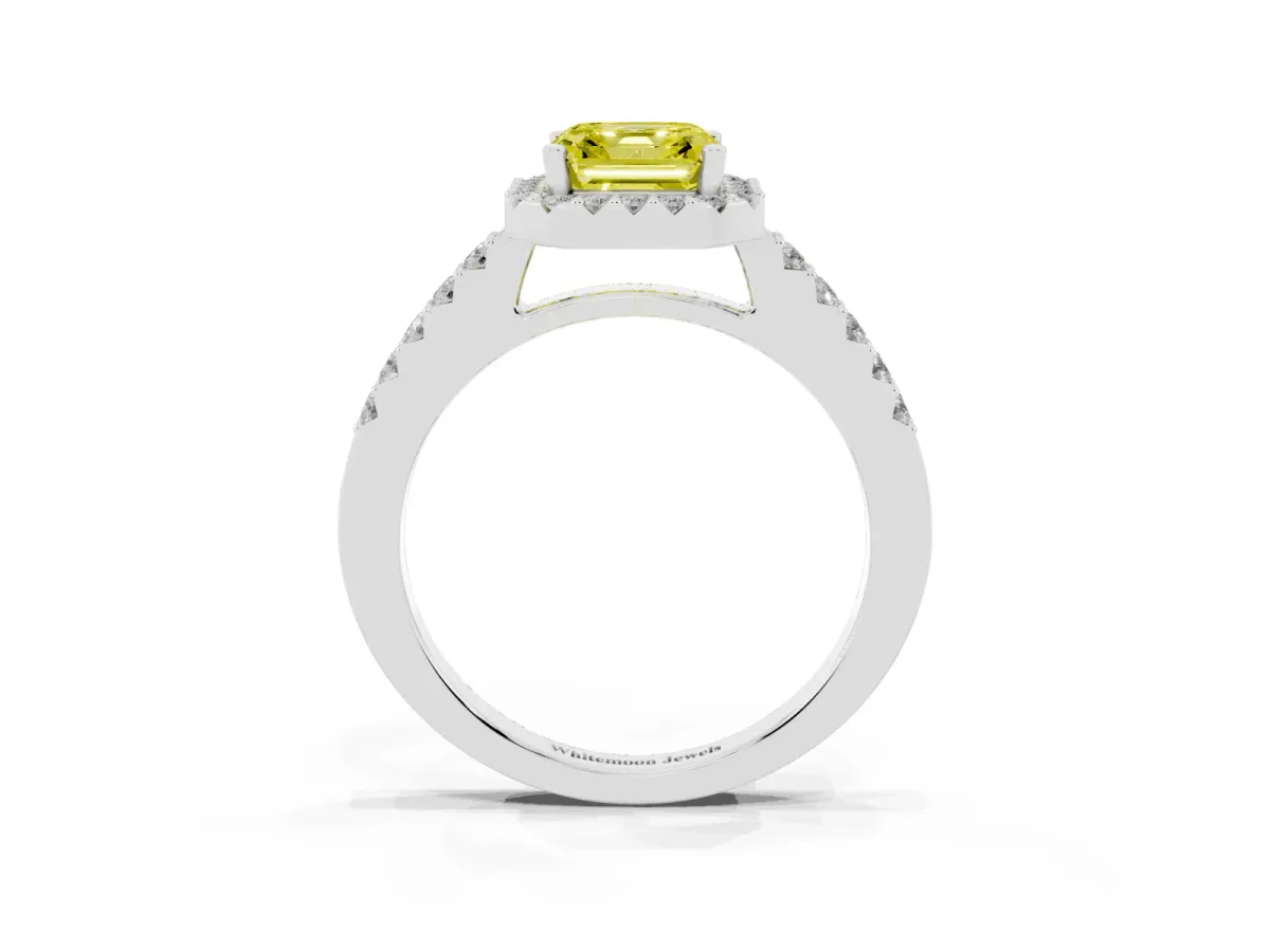 Fancy Yellow Asscher Cut Halo Diamond Pavé Solitaire Ring Platinum