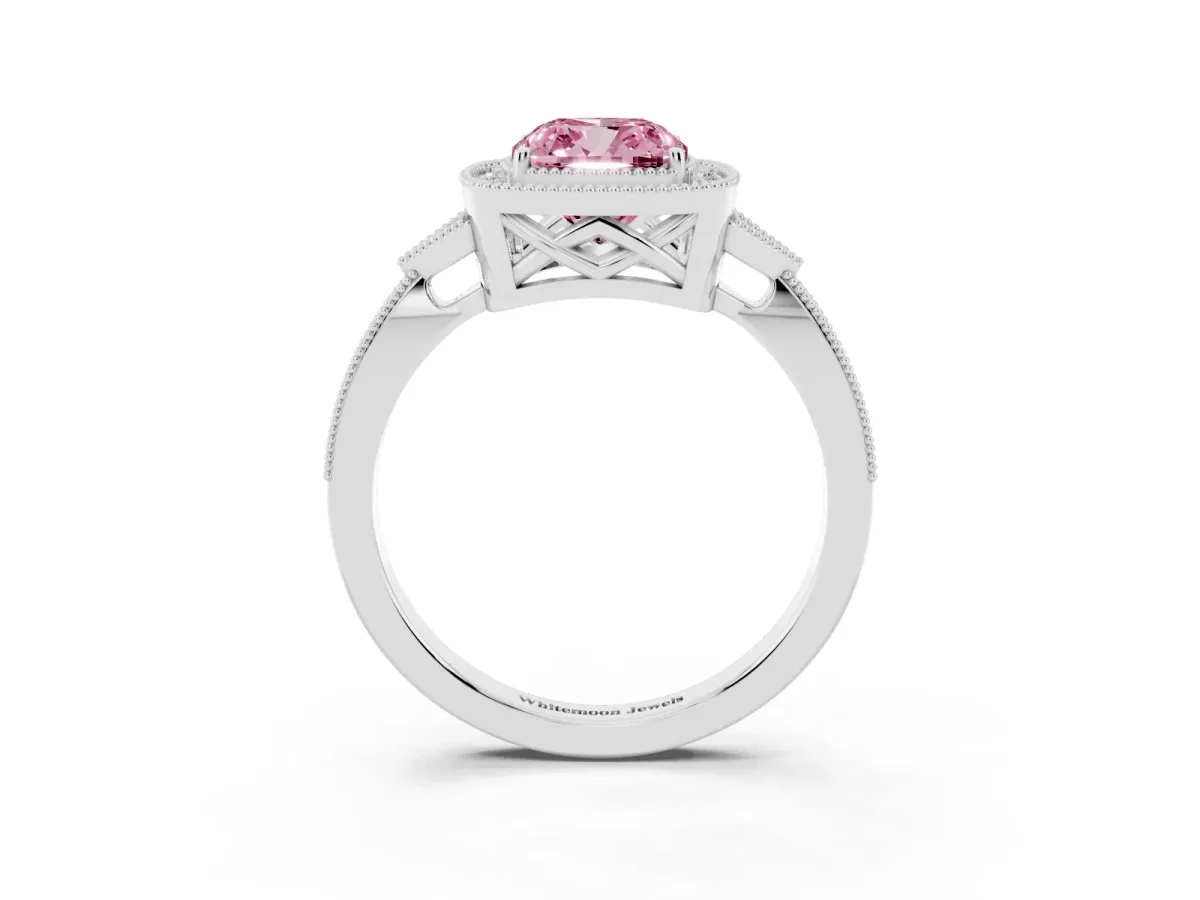 Fancy Pink Cushion Cut Halo Round Diamond Milgrain Pave Engagement Ring White gold
