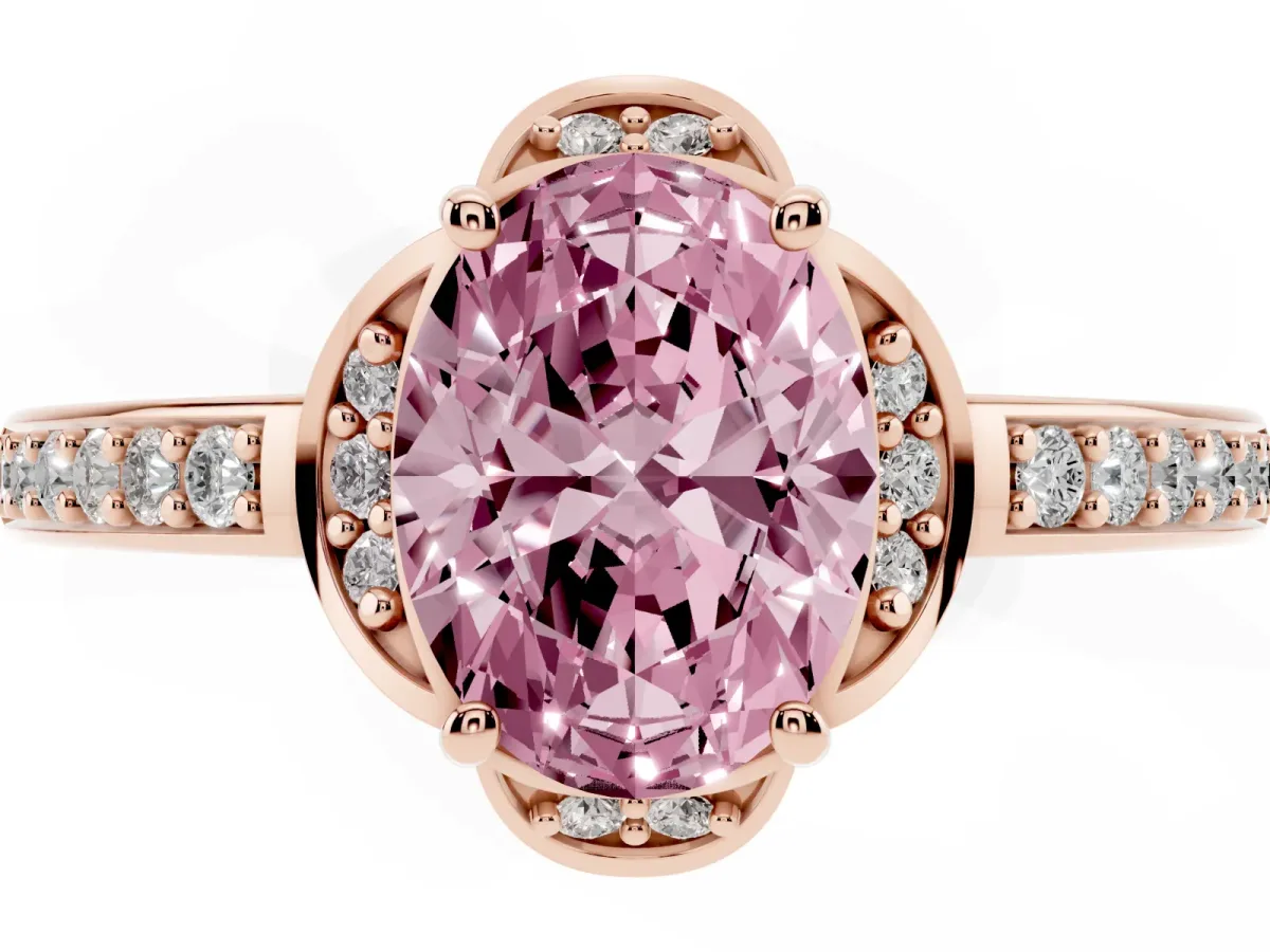 Fancy Pink Oval Cut Cut Halo Diamond Ring with Channel Set Band and Four-Prong Setting Rose gold