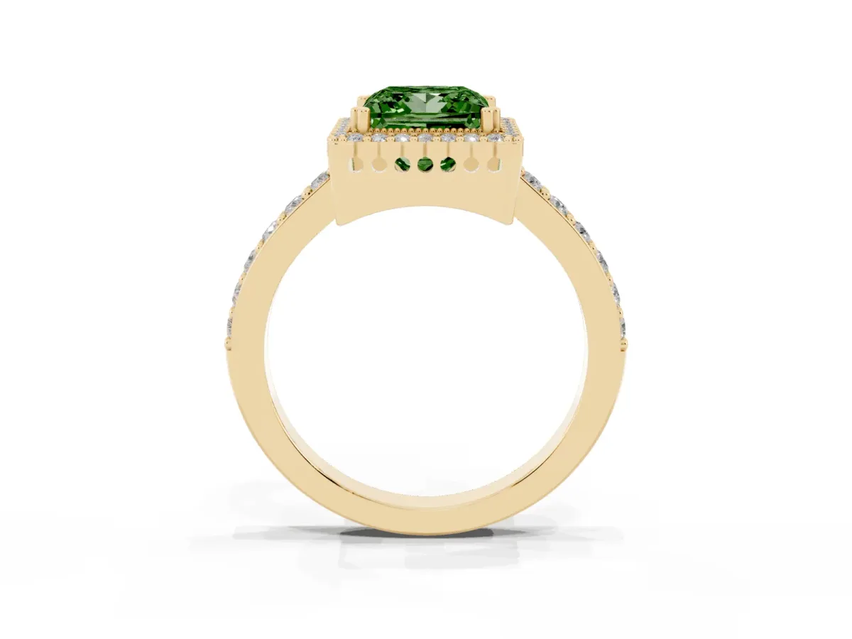 Fancy Green Princess Cut Cut Diamond Halo Engagement Ring with Milgrain Detail and Pavé Band Yellow gold