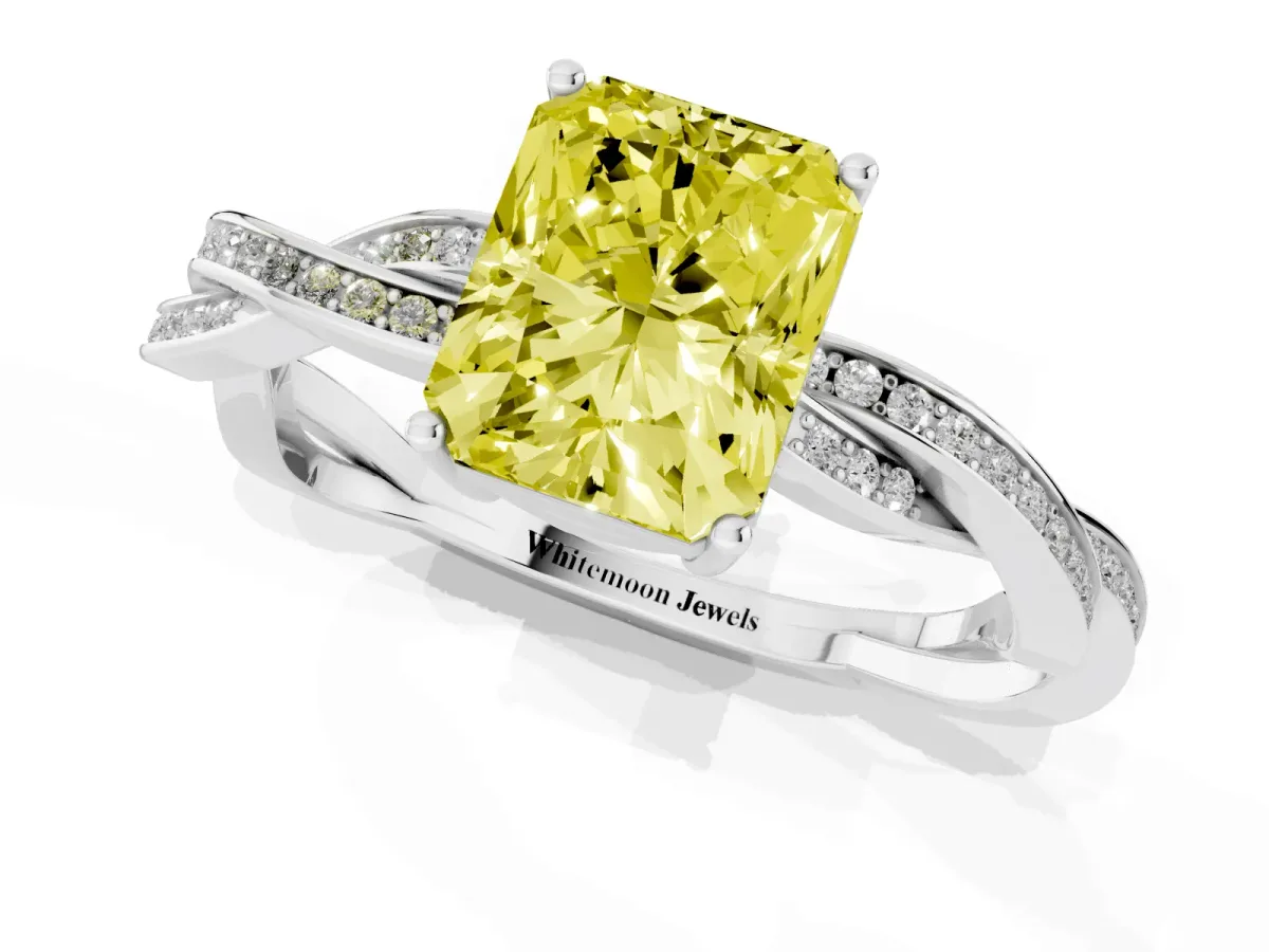 Fancy Yellow Radiant Cut Solitaire Twisted Pave Diamond Ring with Four-Prong Setting Silver