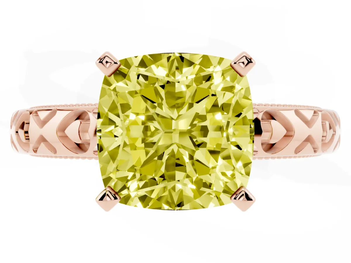 Fancy Yellow Cushion Cut Solitaire Diamond Engagement Ring with XO Engraved Band and Four-Prong Setting Rose gold
