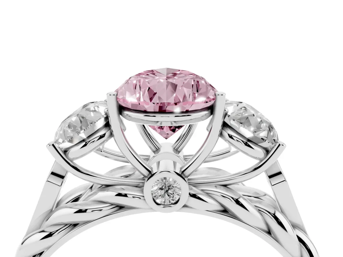 Fancy Pink Three-Stone Pear Cut Diamond Braided Band Ring with Four-Prong Setting Platinum