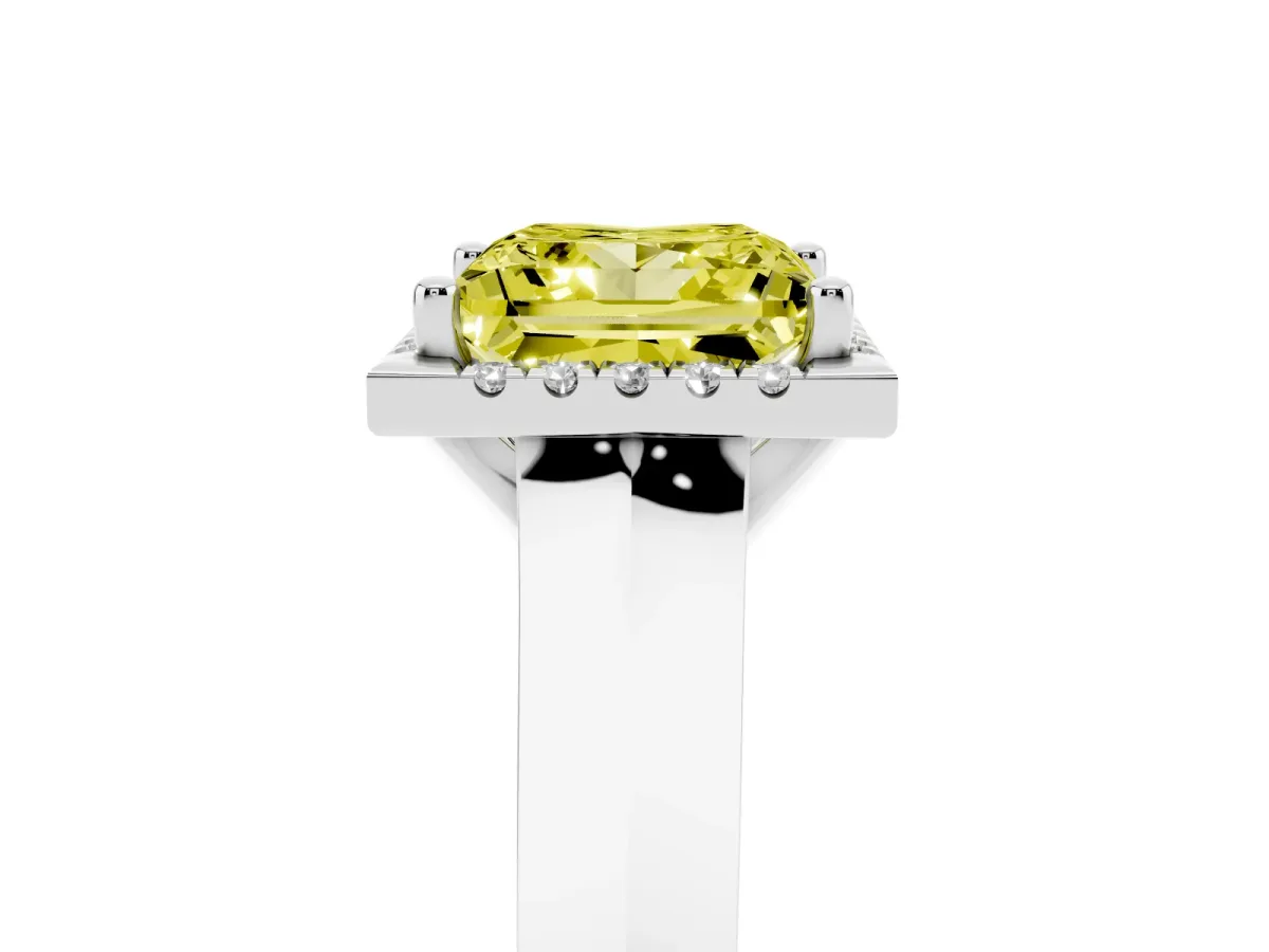 Fancy Yellow Princess Cut Halo Diamond Ring with Cathedral Band and Four-Prong Setting Platinum
