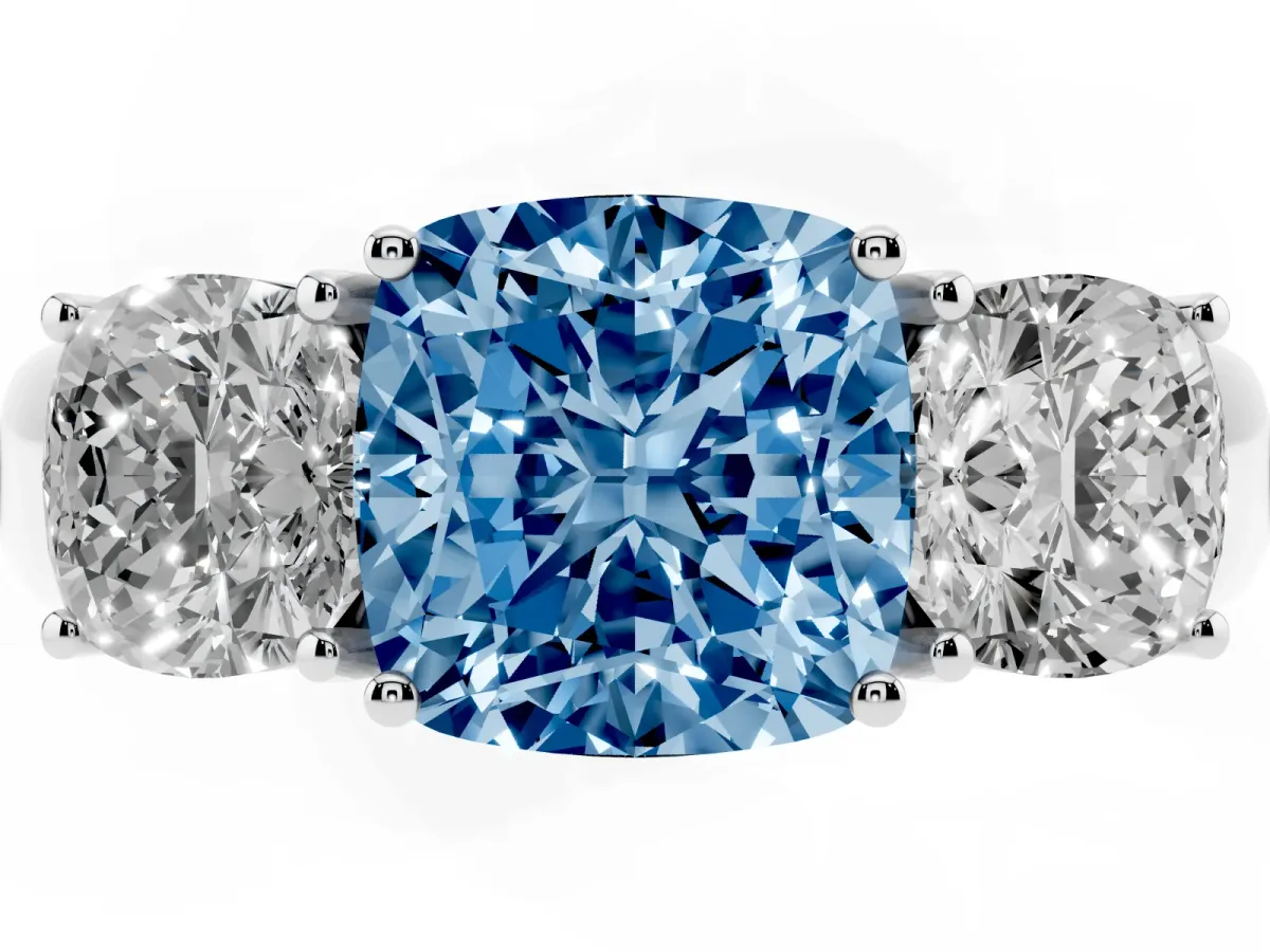 Fancy Blue Three-Stone Cushion Cut Cut Diamond Ring with Prong Setting and Classic Band Silver
