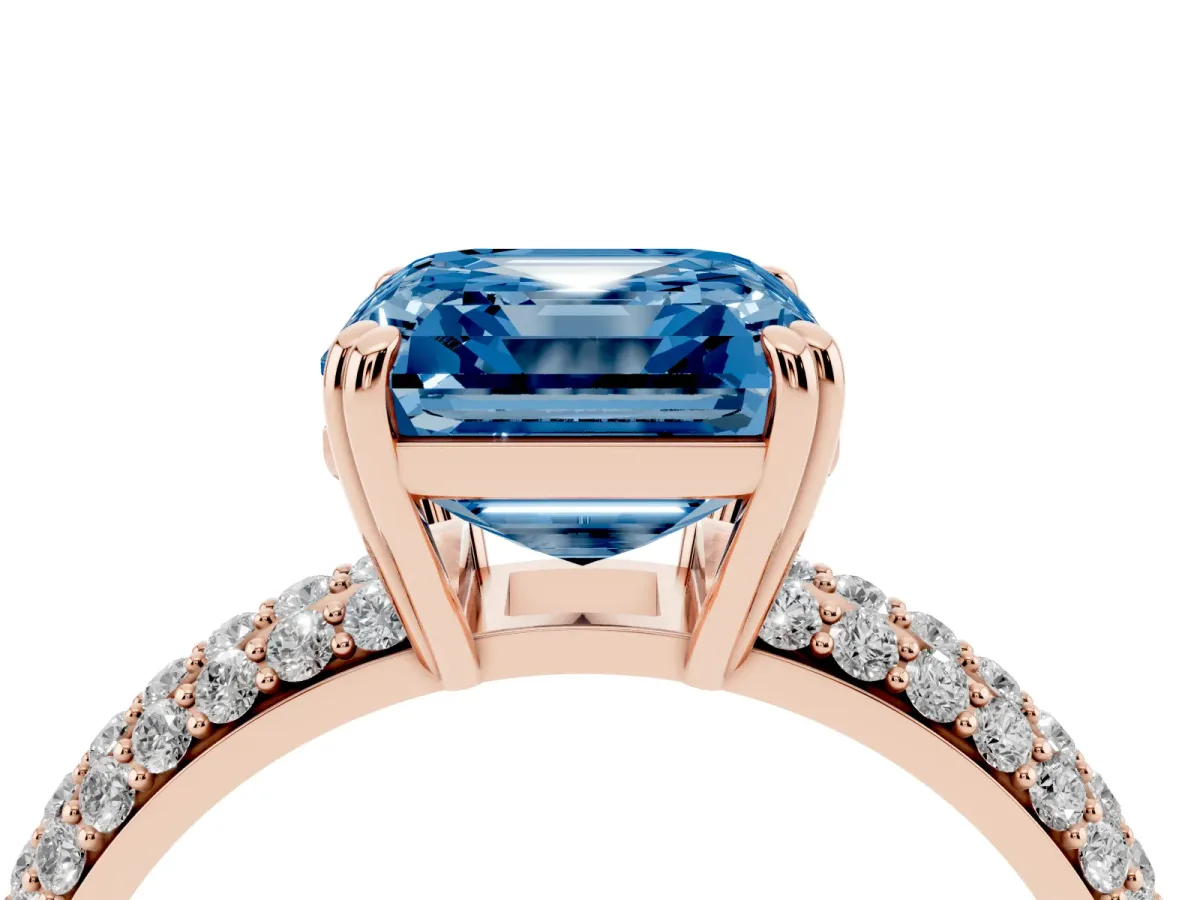 Fancy Blue Asscher Cut Diamond Solitaire Ring with Multi-Row Round Pavé Band and Prong Setting Rose gold