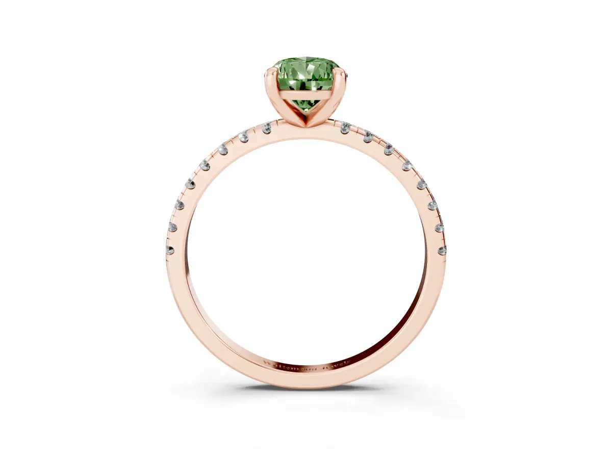 Fancy Green Pear Cut Diamond Brilliant Solitaire Ring with Pavé Band and Four-Prong Setting Rose gold