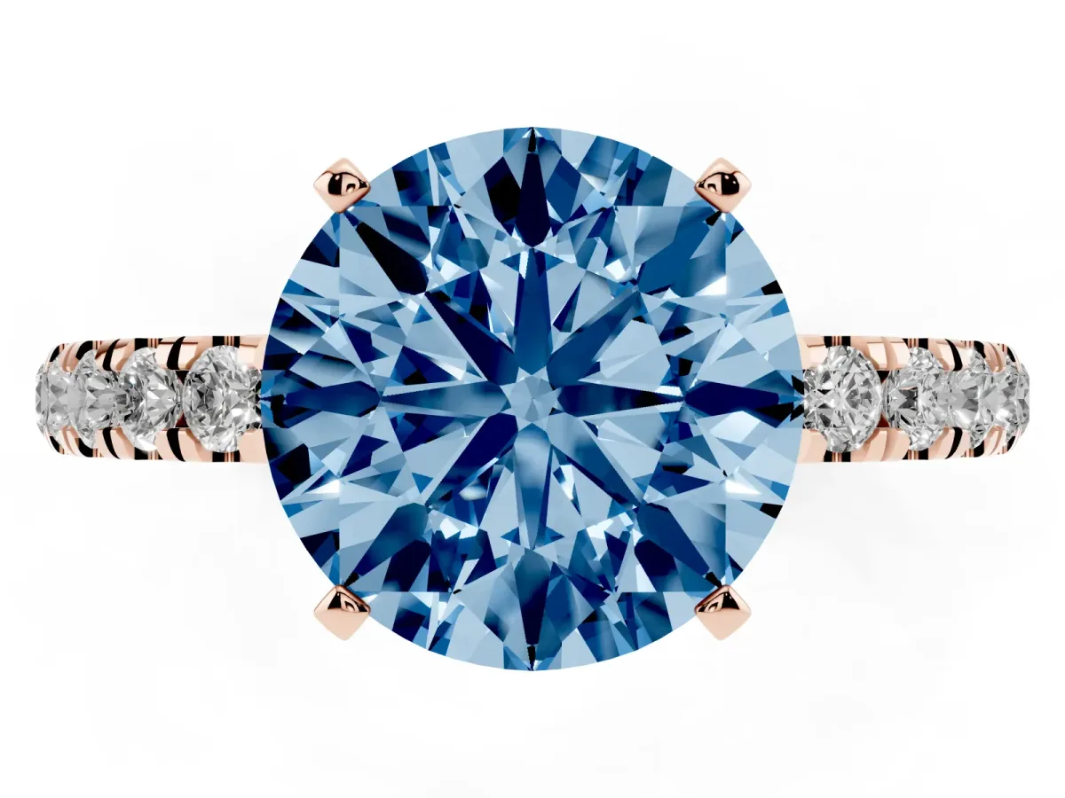 Fancy Blue Round Cut Diamond Solitaire Ring with Pavé Accents and Four-Prong Setting Rose gold