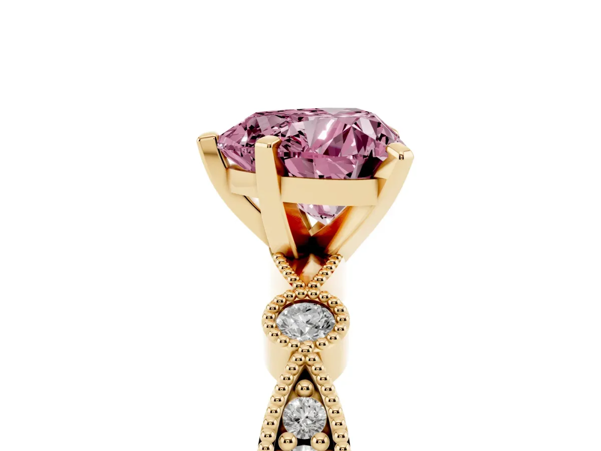 Fancy Pink Heart Cut Milgrain Bezel Diamond Engagement Ring with Solitaire Prong Setting Yellow gold