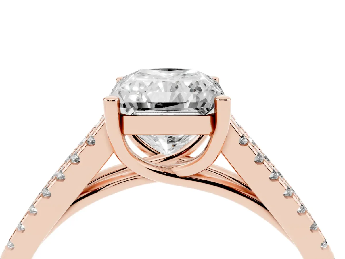 Radiant Cut Diamond Solitaire Engagement Ring with Split Shank Pavé Band Rose gold