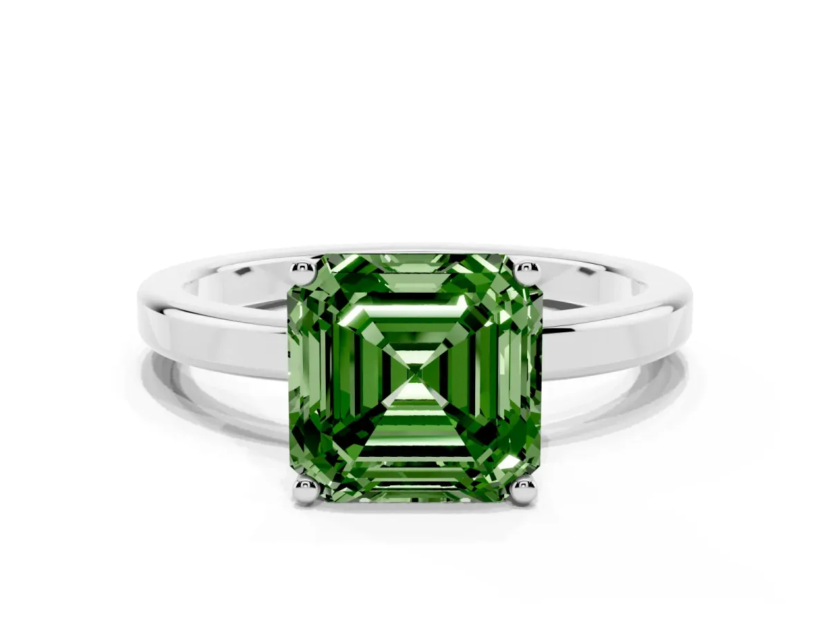 Fancy Green Asscher Cut Cut Solitaire Engagement Ring with Four-Prong Setting on a Classic Band Platinum