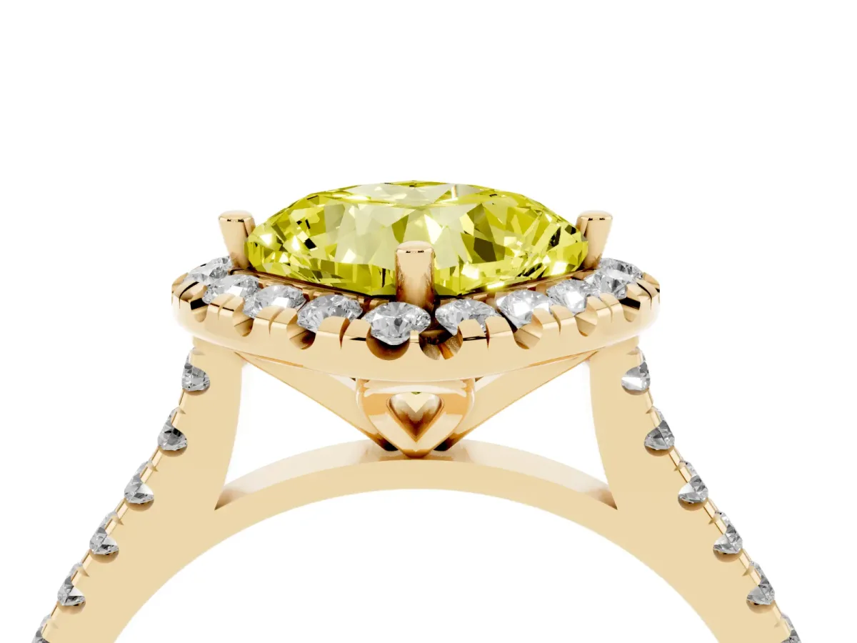 Fancy Yellow Cushion Cut Diamond Cushion Halo Ring with Pavé Band Yellow gold