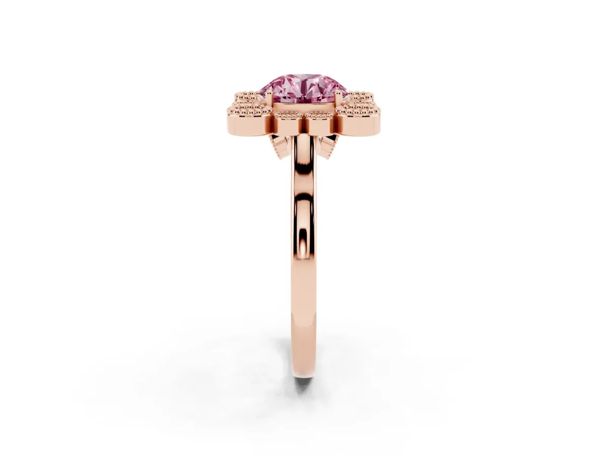 Fancy Pink Round Cut Halo Diamond Cluster Engagement Ring with Milgrain Bezel Setting and Solitaire Band Rose gold