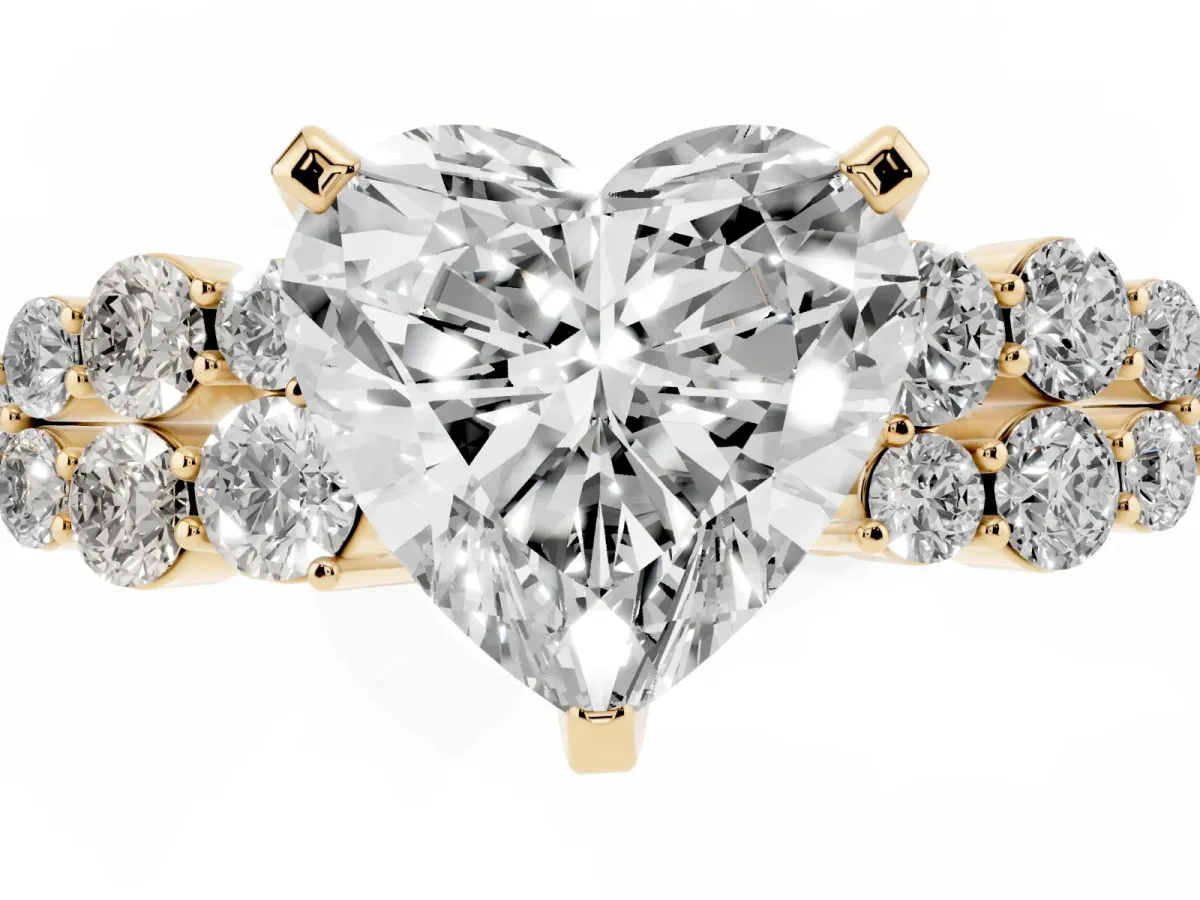 Heart Cut Cluster Diamond Engagement Ring with Pavé Band and Four-Prong Setting Yellow gold