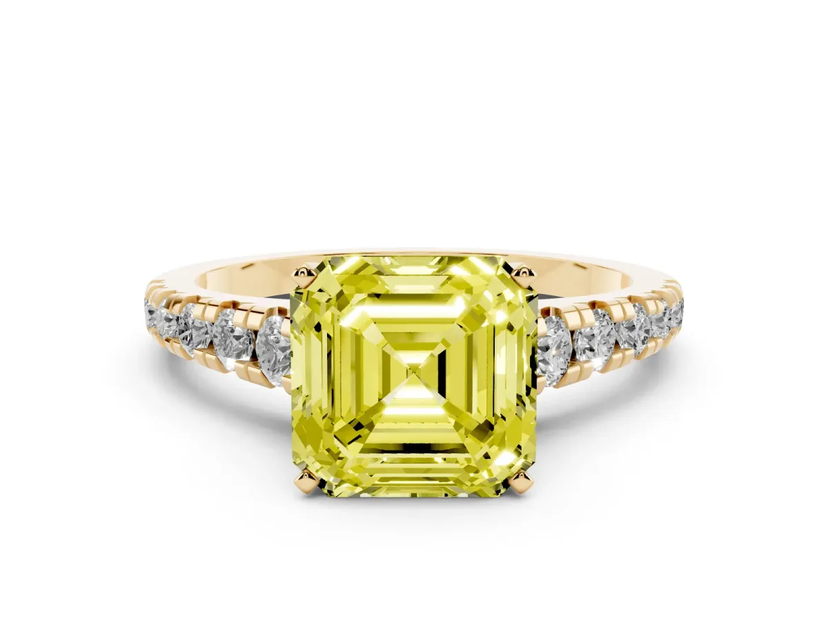 Fancy Yellow Asscher Cut Diamond Cathedral Solitaire Ring with Round Pavé Band Yellow gold