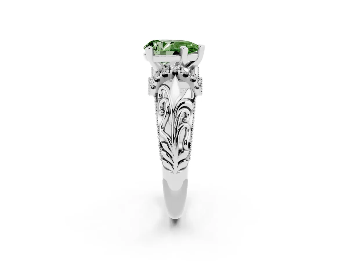 Fancy Green Pear Cut Solitaire Filigree Engagement Ring with Halo and Prong Setting Silver