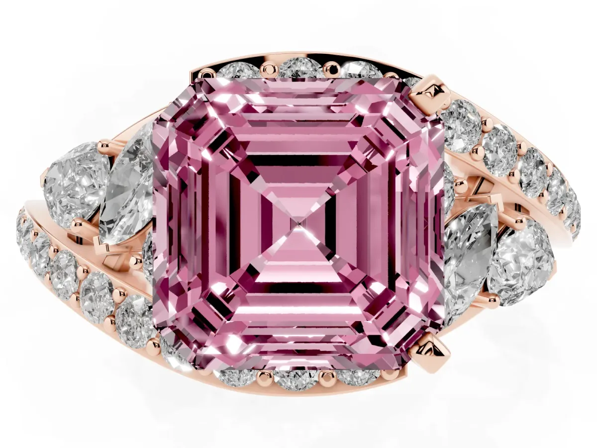 Fancy Pink Asscher Cut Diamond Halo Ring with Marquise and Pavé Band in Prong Setting Rose gold