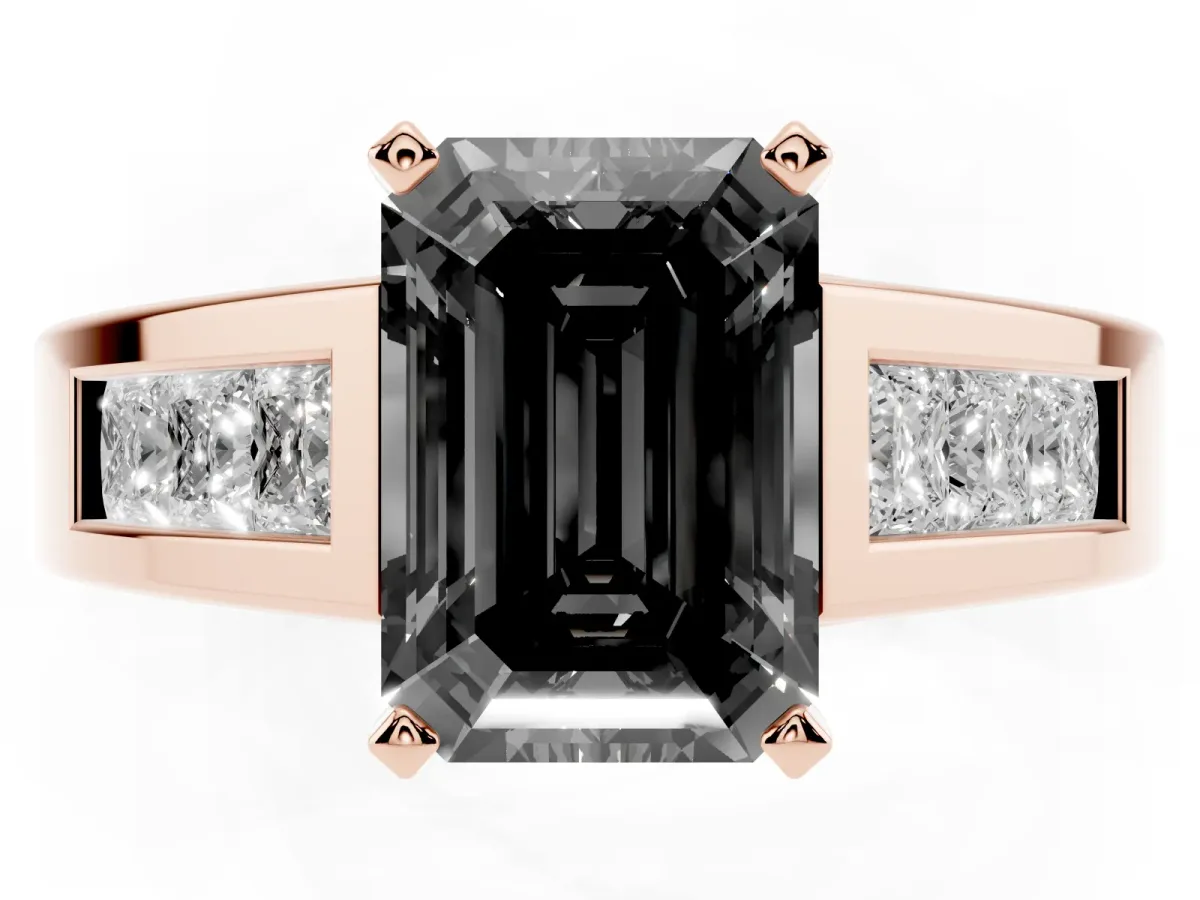 Fancy Black Emerald Cut Cut Channel Set Solitaire Ring with Four-Prong Setting Rose gold