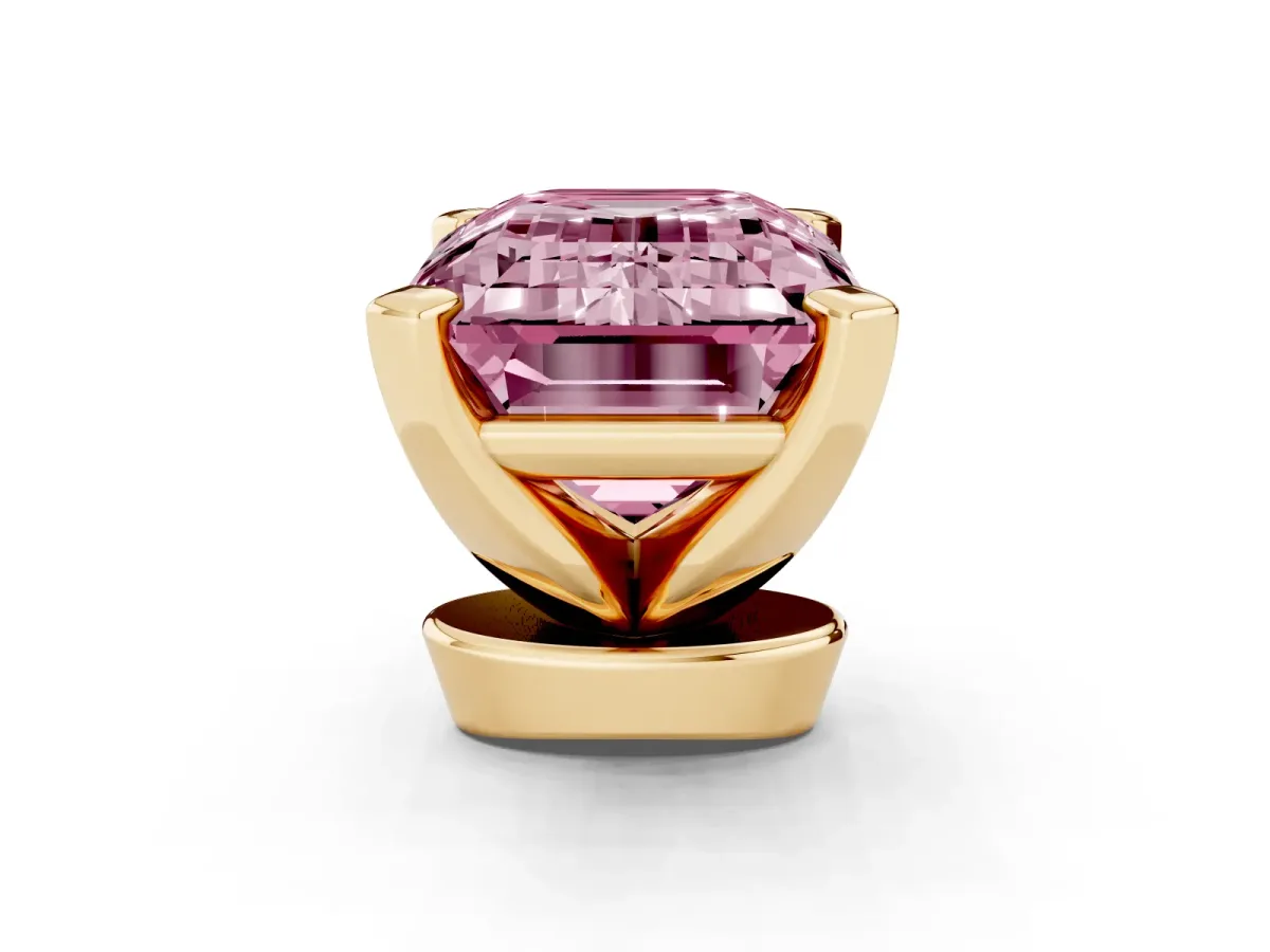 Fancy Pink Emerald Cut Diamond Solitaire Ring with Prong Setting and Classic Band Yellow gold