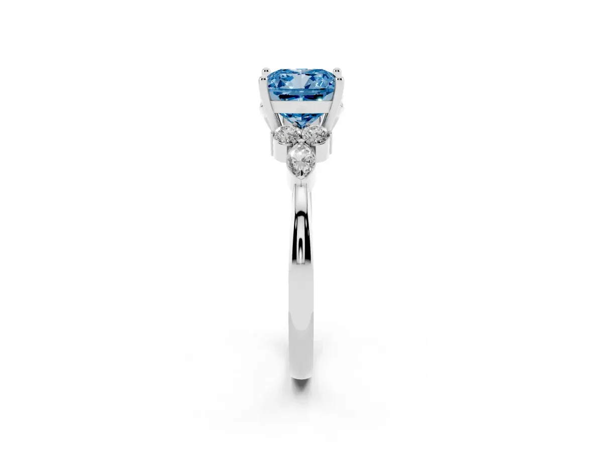 Fancy Blue Cushion Cut Brilliant Diamond Solitaire Ring with Pear Side Stones and Four-Prong Setting White gold