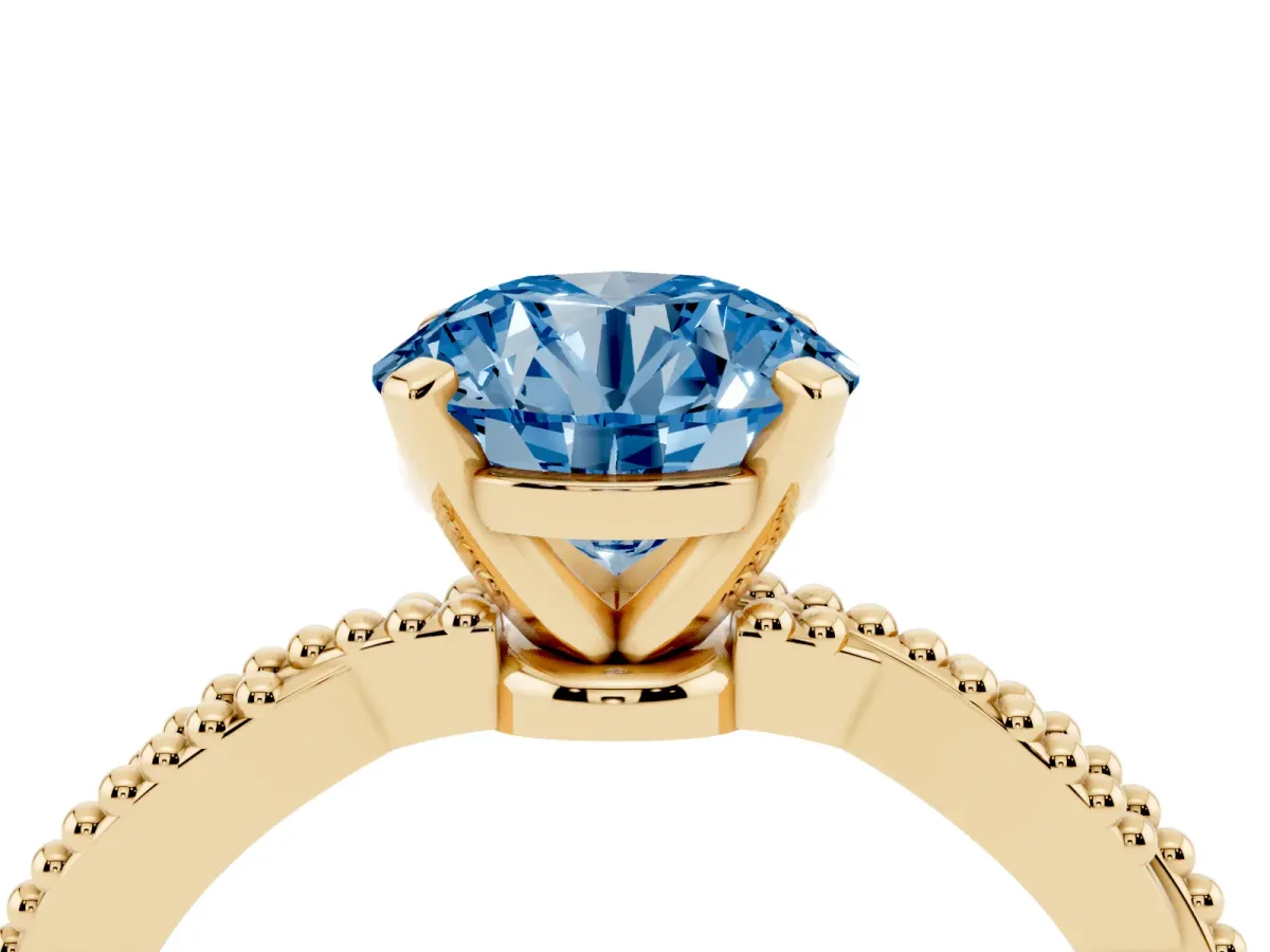 Fancy Blue Round Cut Solitaire Twisted Band with Bead Prong Setting Yellow gold