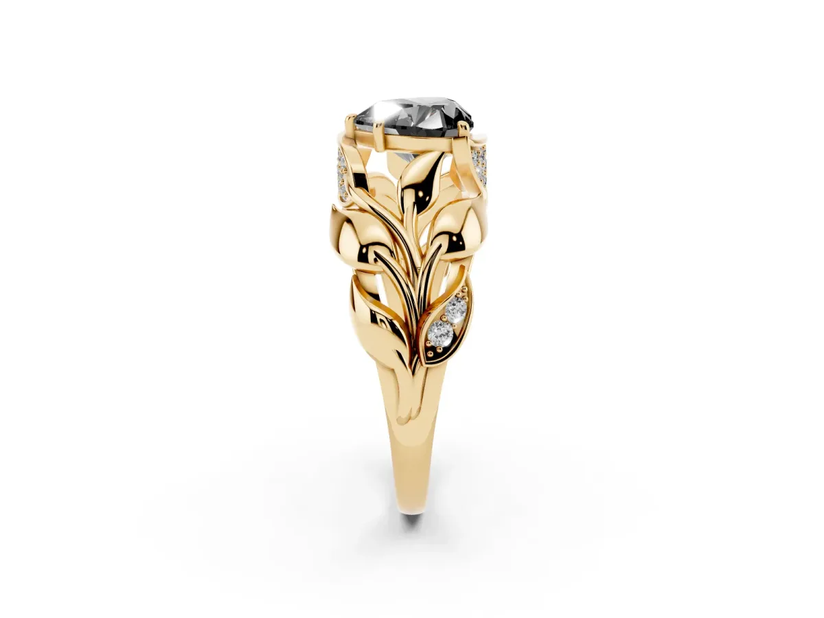 Fancy Black Heart Cut Diamond Leaf-Inspired Engagement Ring with Round Accents and Prong Setting Yellow gold