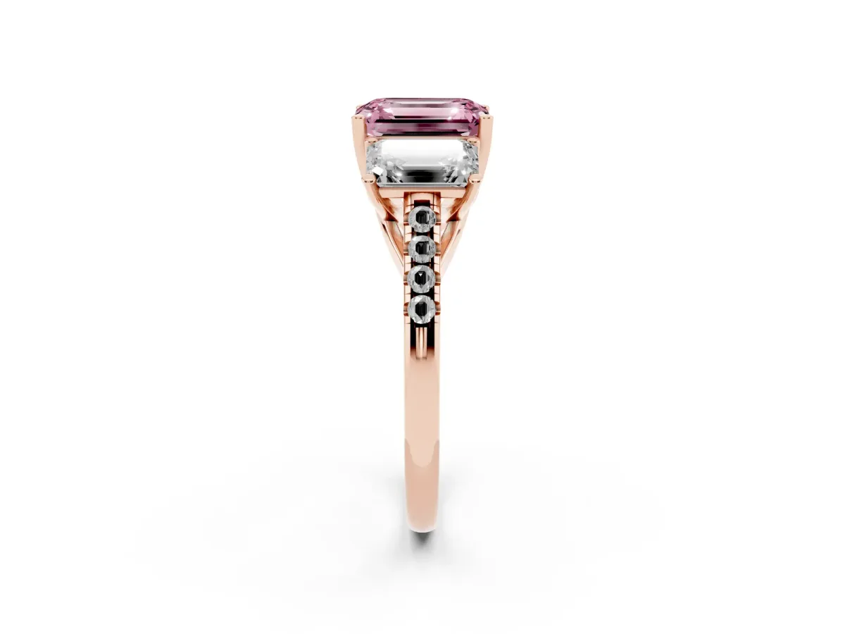 Fancy Pink Three-Stone Emerald Cut Diamond Ring with Round Pavé Band and Prong Setting Rose gold