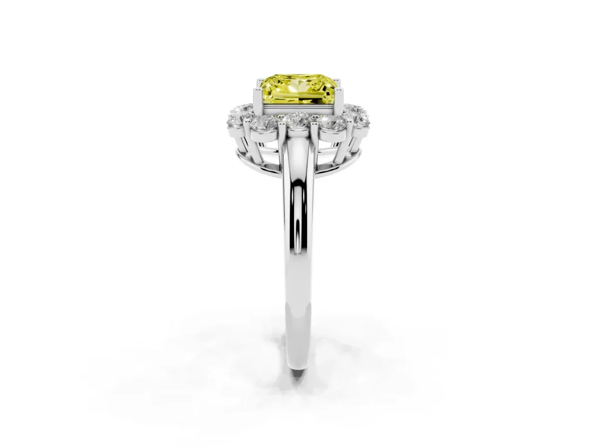 Fancy Yellow Princess Cut Halo Milgrain Solitaire with Bezel Set Side Stones and Pave Band Silver