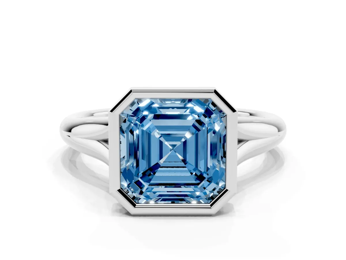 Fancy Blue Bezel Set Asscher Cut Solitaire Diamond Ring with Smooth Band White gold