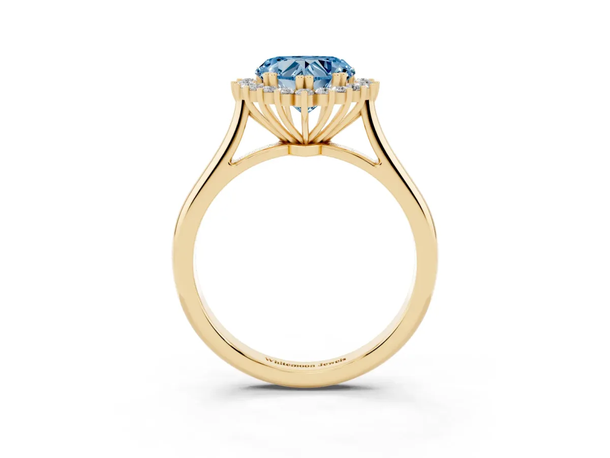 Fancy Blue Heart Cut Cut Diamond Halo Ring with Solitaire Band and Prong Setting Yellow gold