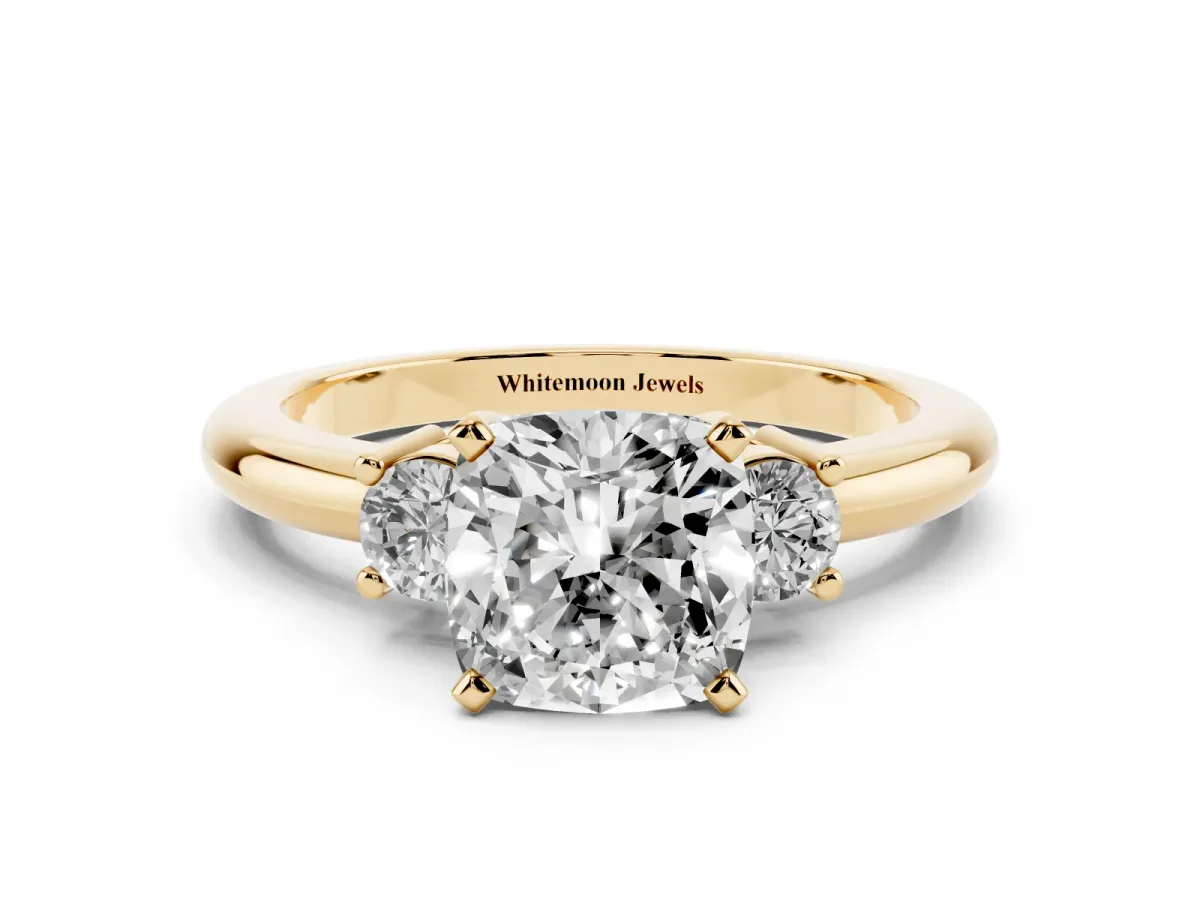 Three-Stone Cushion Cut Cut Diamond Solitaire with Prong Setting and Classic Band Yellow gold