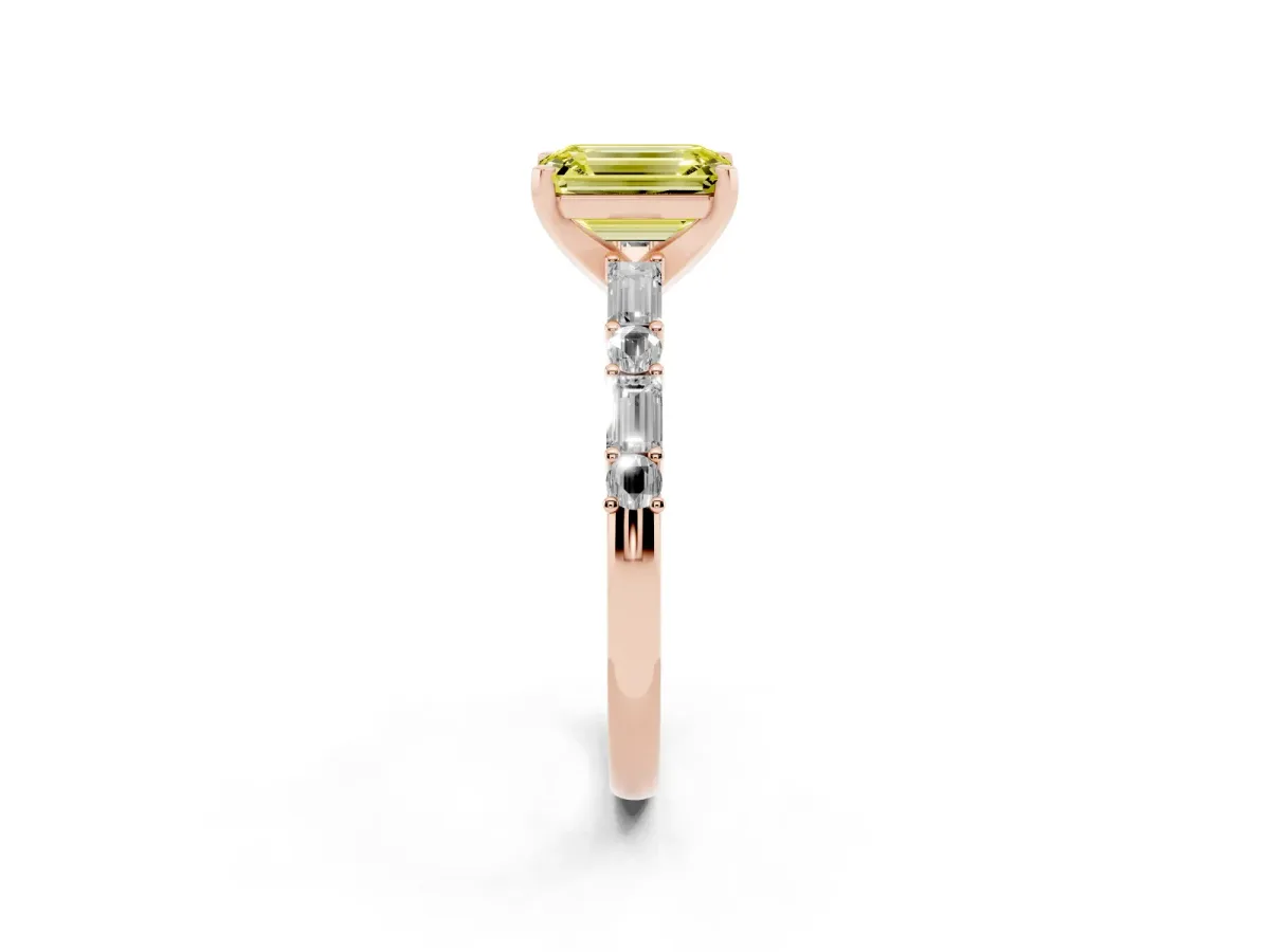 Fancy Yellow Emerald Cut Diamond Solitaire with Side Baguettes and Channel Set Band Rose gold