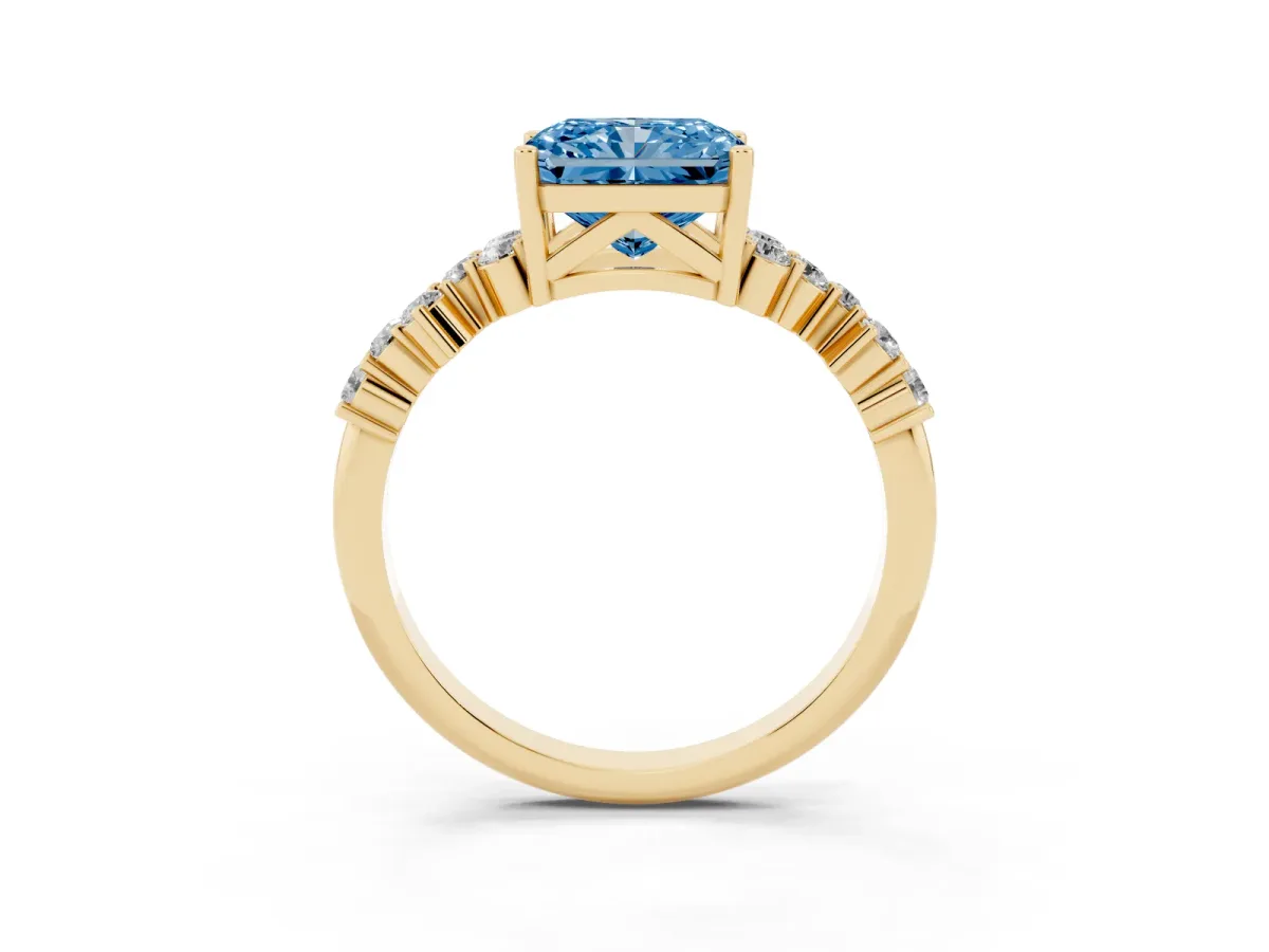 Fancy Blue Radiant Cut Diamond Scattered Round Accent Ring with Prong Setting Yellow gold