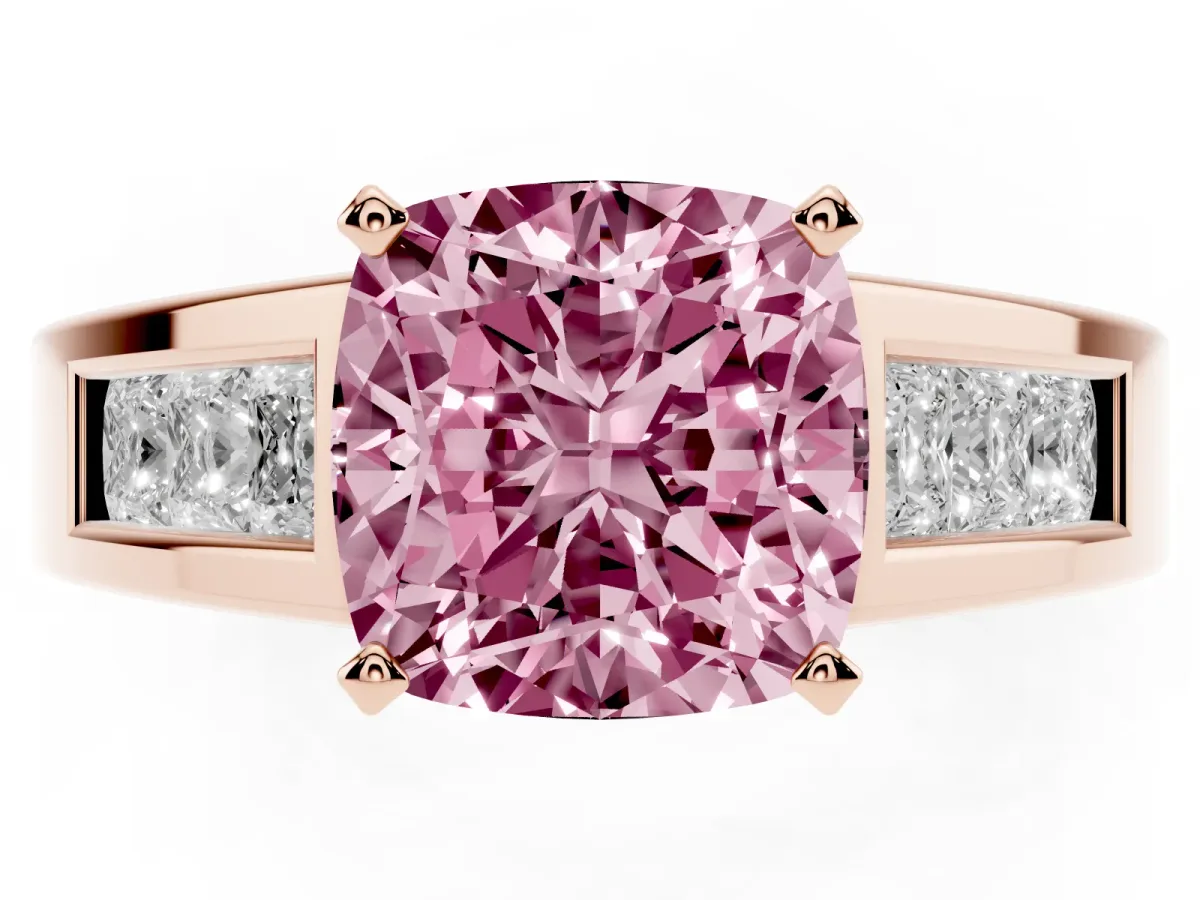 Fancy Pink Cushion Cut Cut Channel Set Solitaire Ring with Four-Prong Setting Rose gold