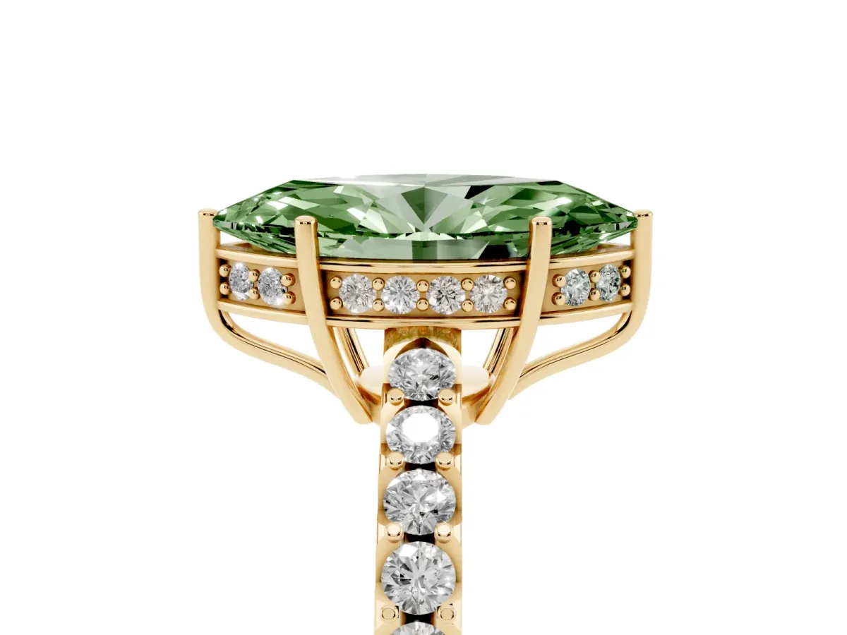 Fancy Green Marquise Cut Solitaire Diamond Engagement Ring with Pavé Band and Six-Prong Setting Yellow gold