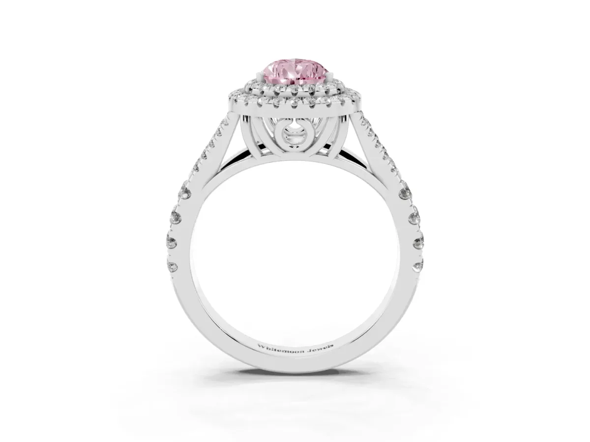 Fancy Pink Double Halo Pear Cut Diamond Split Shank Engagement Ring with Four-Prong Setting Silver
