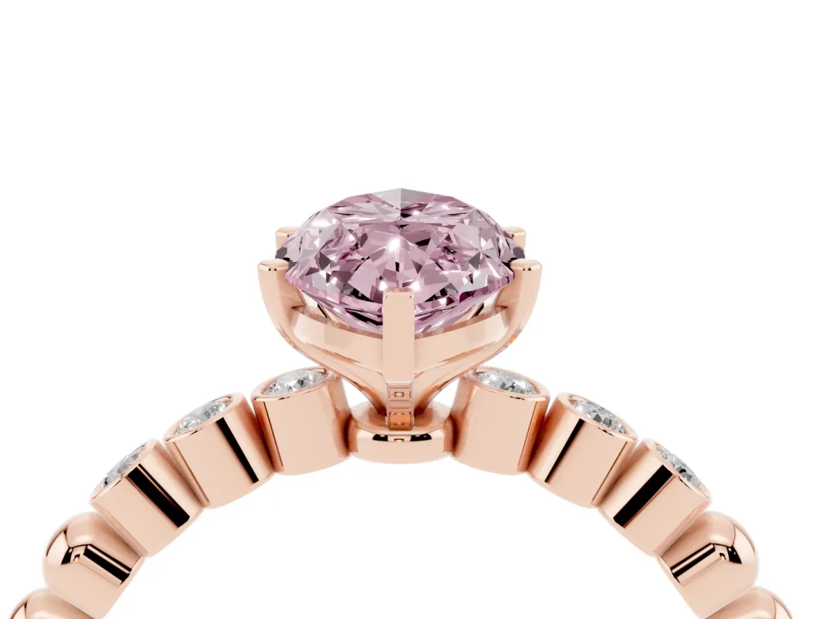 Fancy Pink Marquise Cut Solitaire Bezel Accent Diamond Engagement Ring with Beaded Band and Four-Prong Setting Rose gold