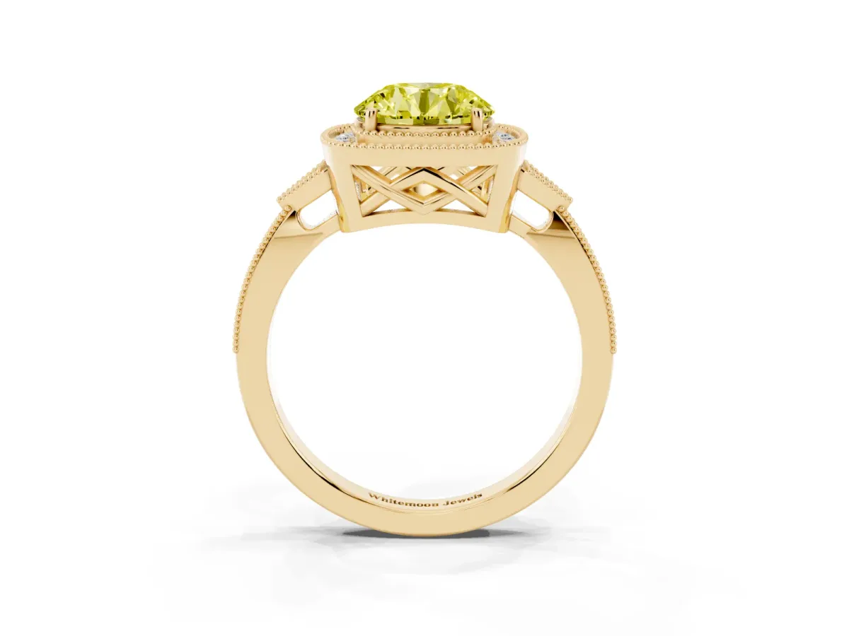 Fancy Yellow Round Cut Halo Round Diamond Milgrain Pave Engagement Ring Yellow gold
