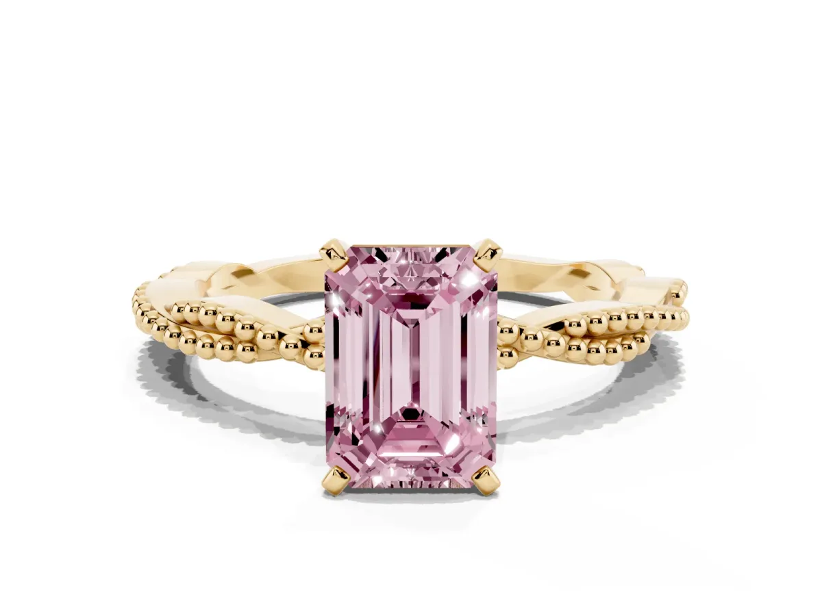 Fancy Pink Emerald Cut Solitaire Twisted Band with Bead Prong Setting Yellow gold