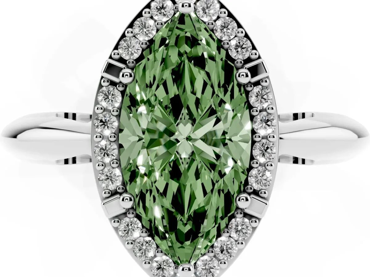 Fancy Green Marquise Cut Cut Diamond Halo Engagement Ring with Split Shank and Four-Prong Setting Silver