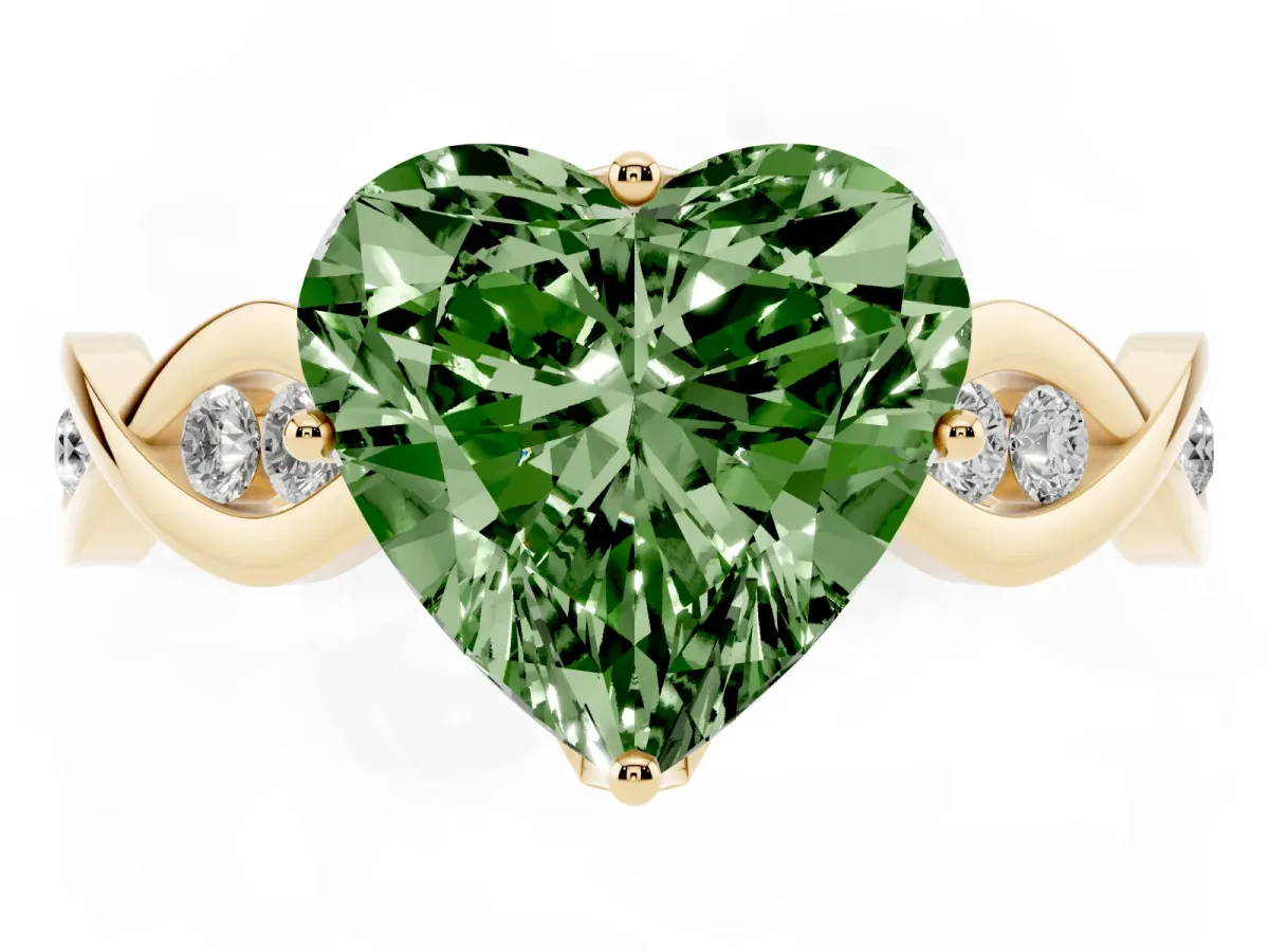 Fancy Green Heart Cut Solitaire Twist Band with Leaf Prong Setting Yellow gold