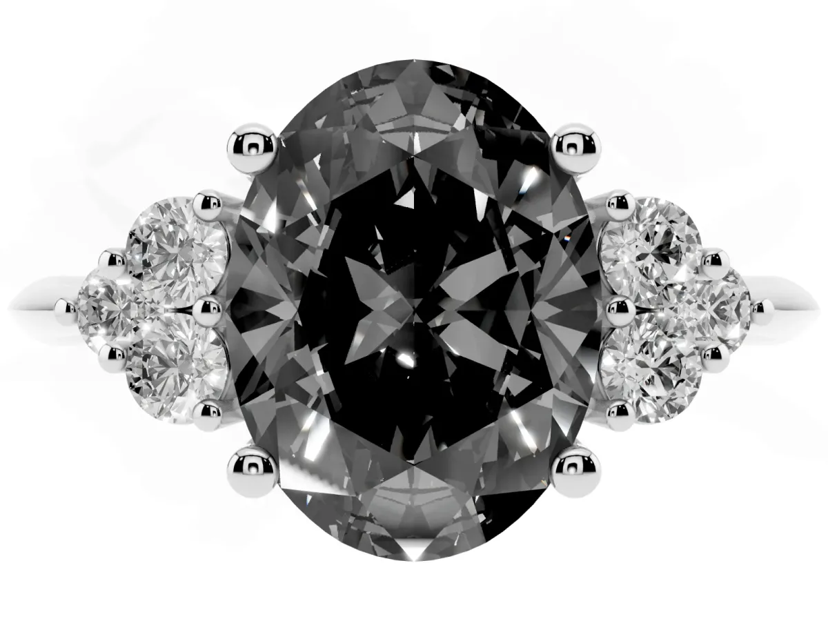 Fancy Black Oval Cut Cut Diamond Cluster Ring with Solitaire Band and Four-Prong Setting Silver