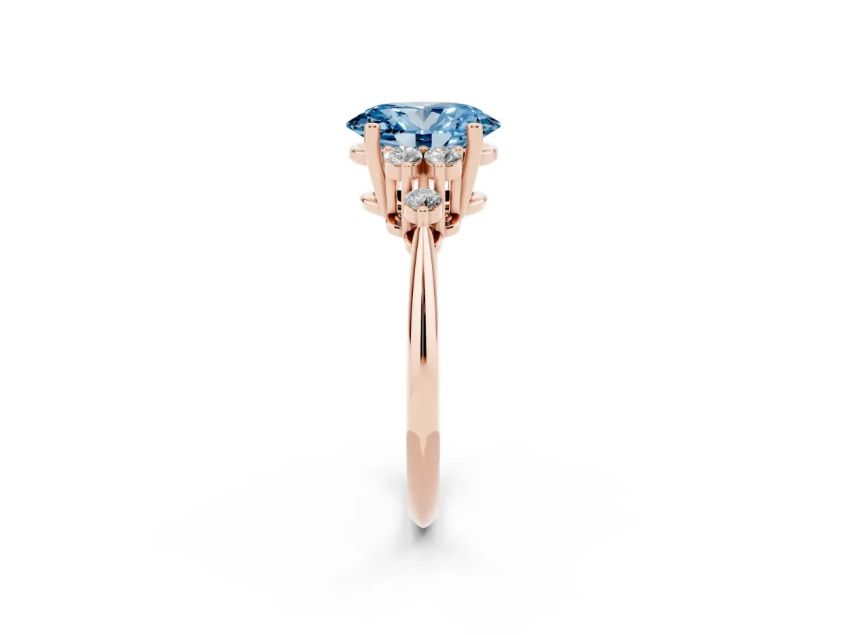 Fancy Blue Oval Cut Cut Diamond Cluster Ring with Solitaire Band and Four-Prong Setting Rose gold