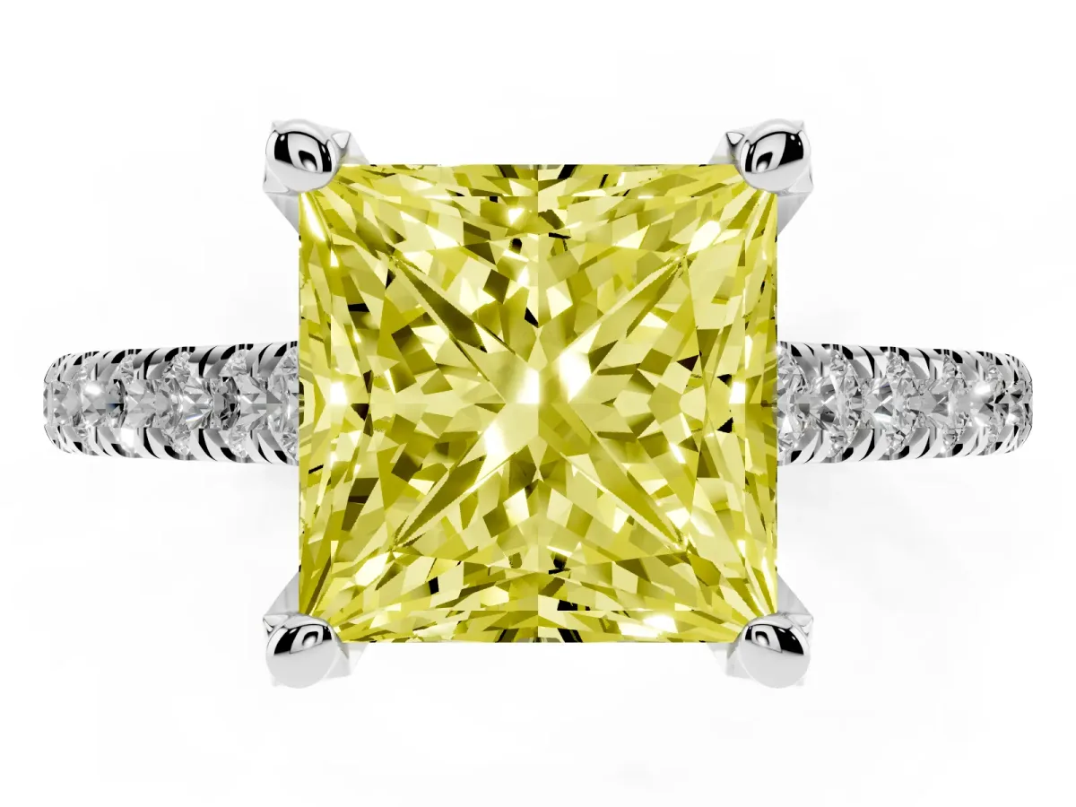 Fancy Yellow Princess Cut Brilliant Diamond Solitaire with Pavé Band and Four-Prong Setting Platinum
