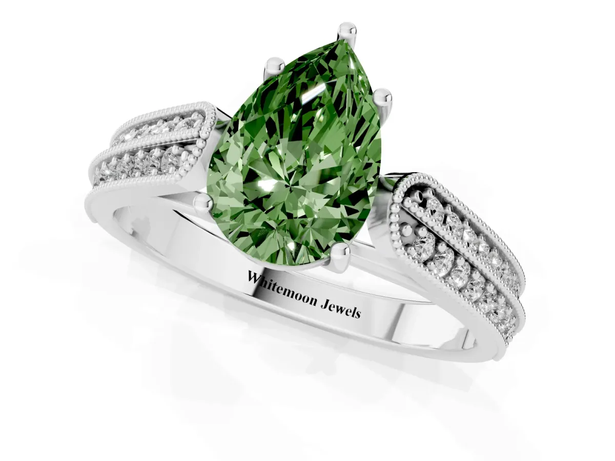 Fancy Green Pear Cut Cut Pave Split Shank Engagement Ring with Four-Prong Setting Silver